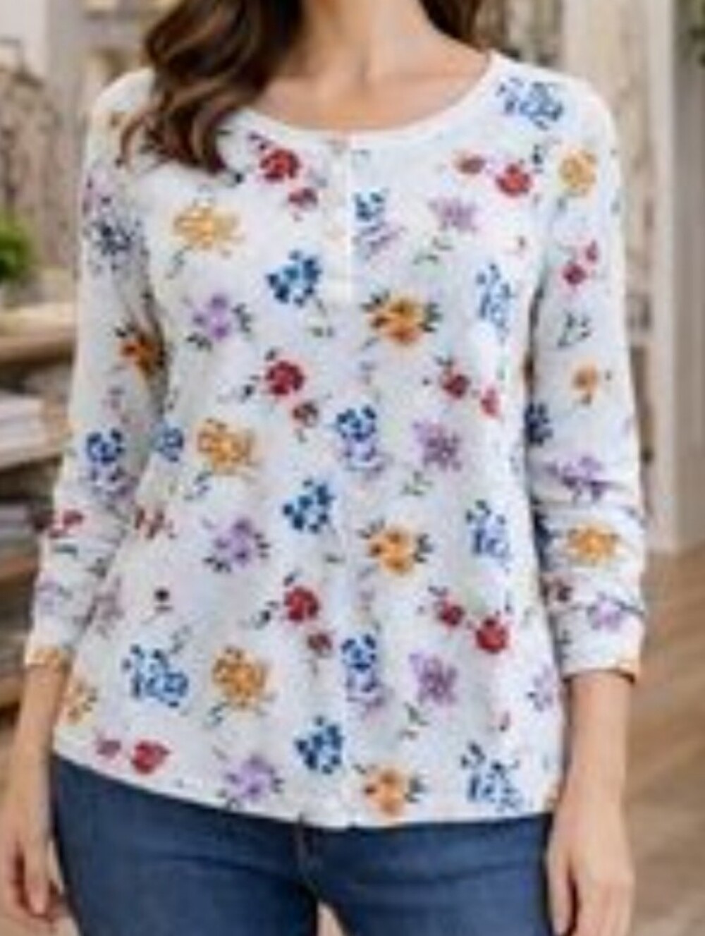 Basic Editions Floral White 100%  Cotton Henley Size 4X New